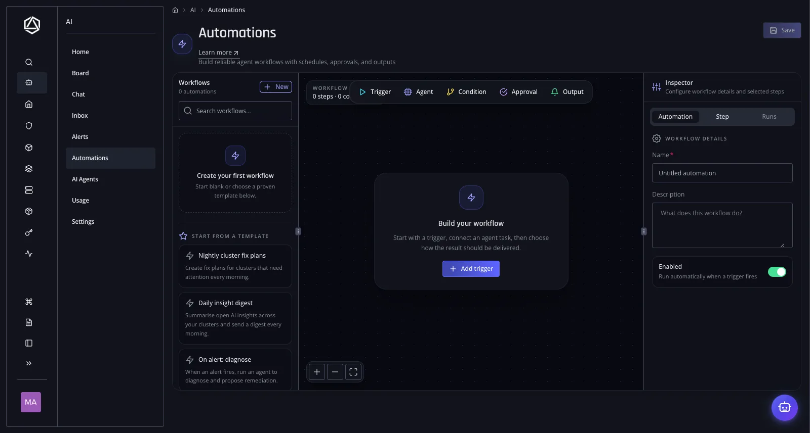 The Automations canvas with trigger, agent, condition, approval, and output nodes, plus ready-made workflow templates