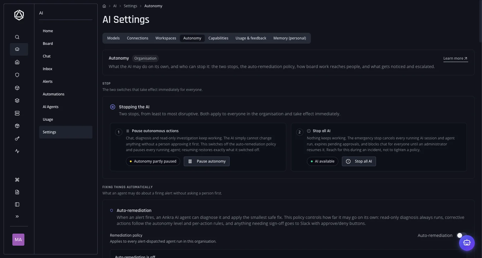 Autonomy settings showing the two organisation-wide stops: pause autonomous actions, and the emergency Stop all AI that cancels every running session