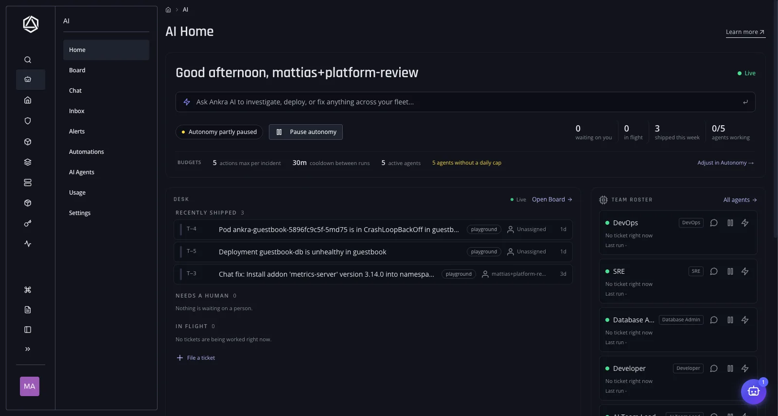 Ankra AI Home: the team roster of role agents, a desk of recently shipped tickets, budgets for actions and cooldowns, and a pause-autonomy control