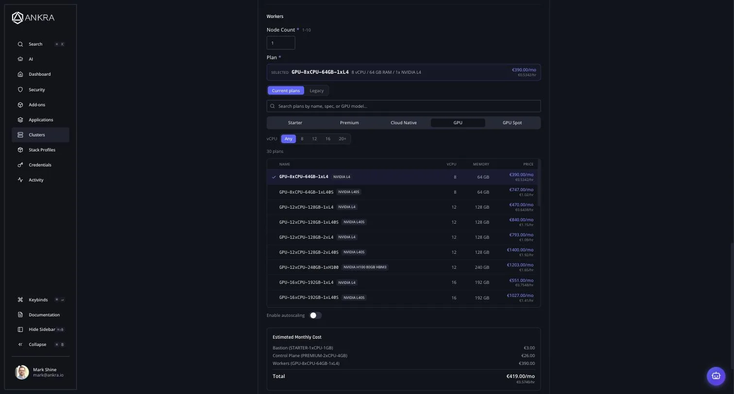 The Ankra create-cluster wizard with the NVIDIA L4 plan selected: prices read live from your own UpCloud account, and the estimate totals EUR 419 per month before you commit